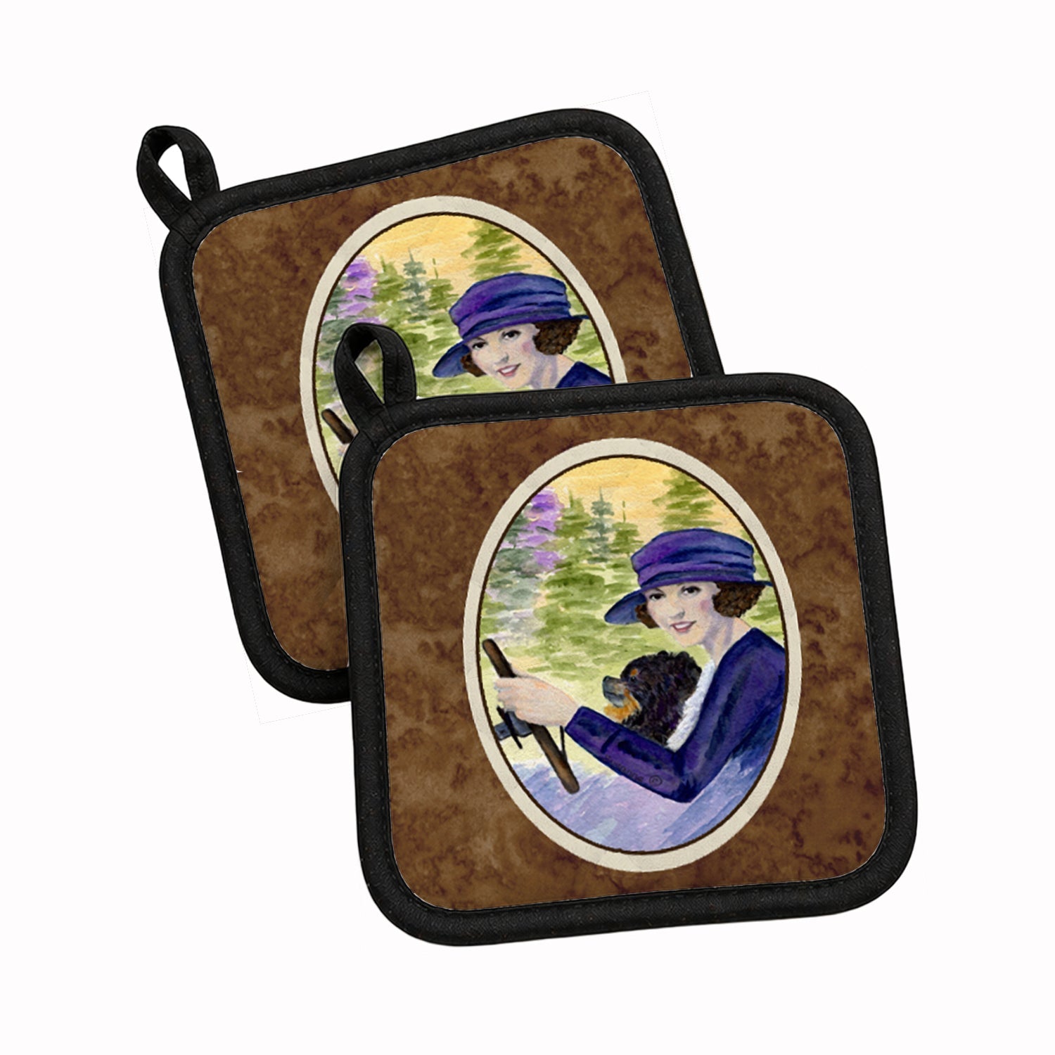 Lady driving with her Pomeranian Pot Holder Set of 2 Heat Resistant Quilted Hot Pads 7.5 x 7.5 Inch, Insulated Kitchen Trivets for Cooking & Baking