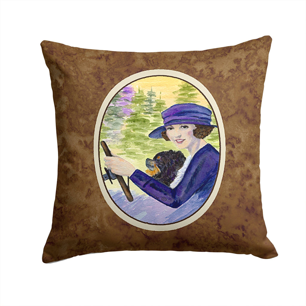 Lady driving with her Pomeranian Decorative Throw Pillow 14x14 Indoor Outdoor Accent Cushion, Fabric Cover with Insert for Sofa, Bed, Porch & Living Room