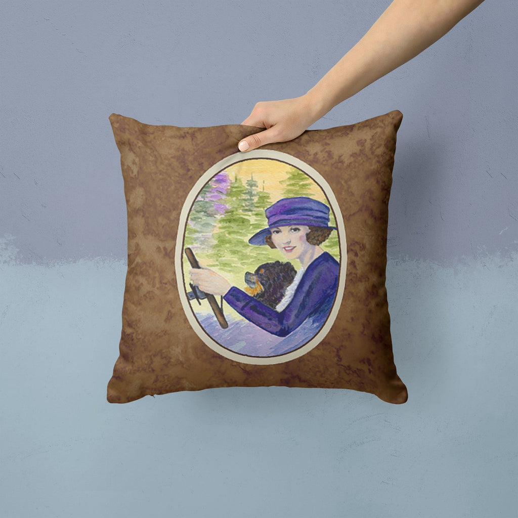Lady driving with her Pomeranian Decorative Throw Pillow 14x14 Indoor Outdoor Accent Cushion, Fabric Cover with Insert for Sofa, Bed, Porch & Living Room
