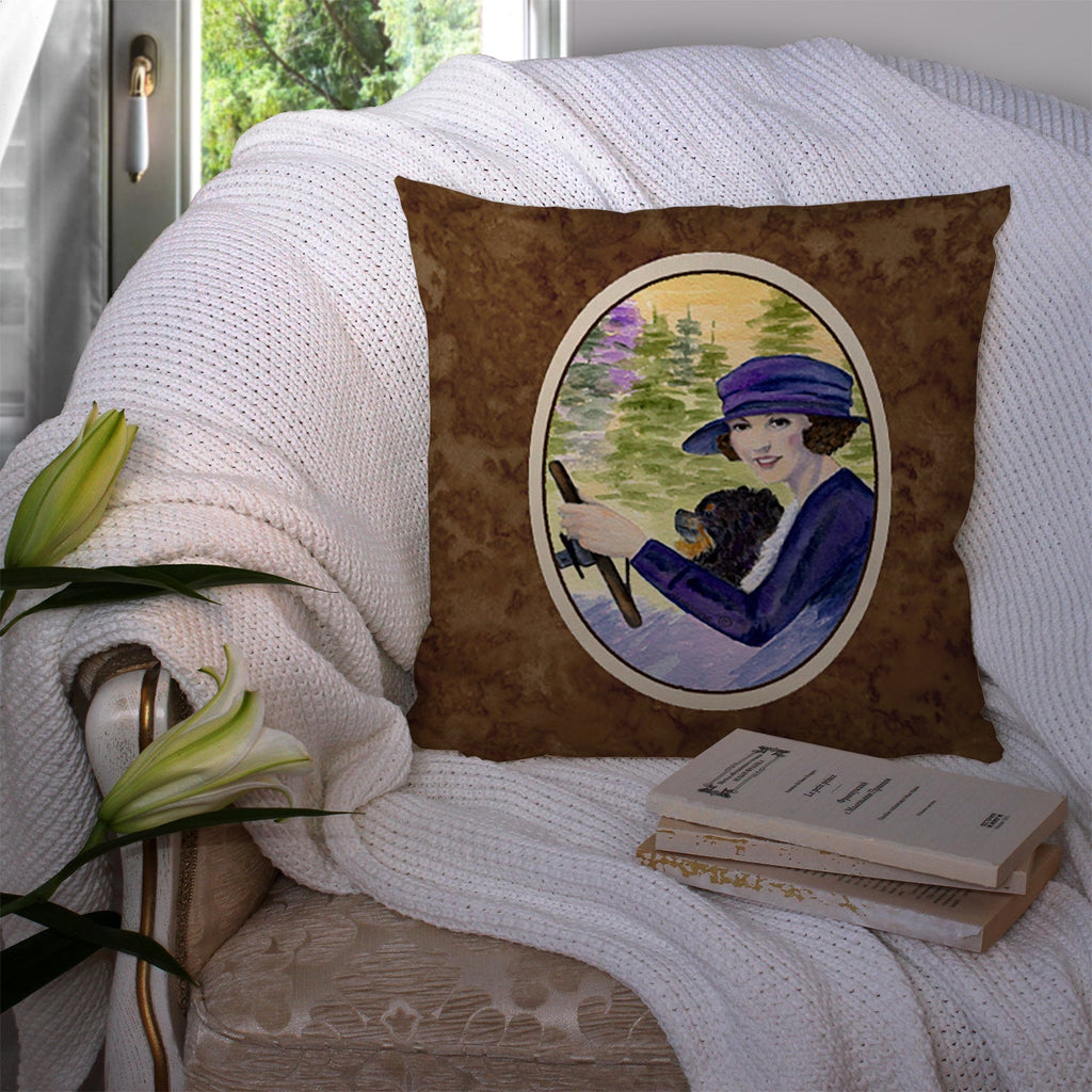 Lady driving with her Pomeranian Decorative Throw Pillow 14x14 Indoor Outdoor Accent Cushion, Fabric Cover with Insert for Sofa, Bed, Porch & Living Room