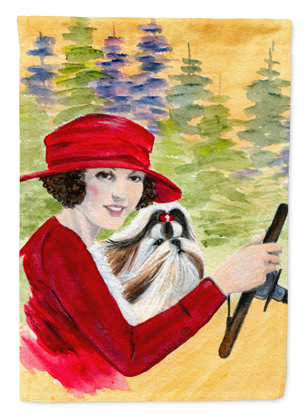 Lady driving with her Shih Tzu House Flag 28x40 Porch Sleeve Pole Decorative Outside Yard Banner Artwork Wall Hanging, Polyester