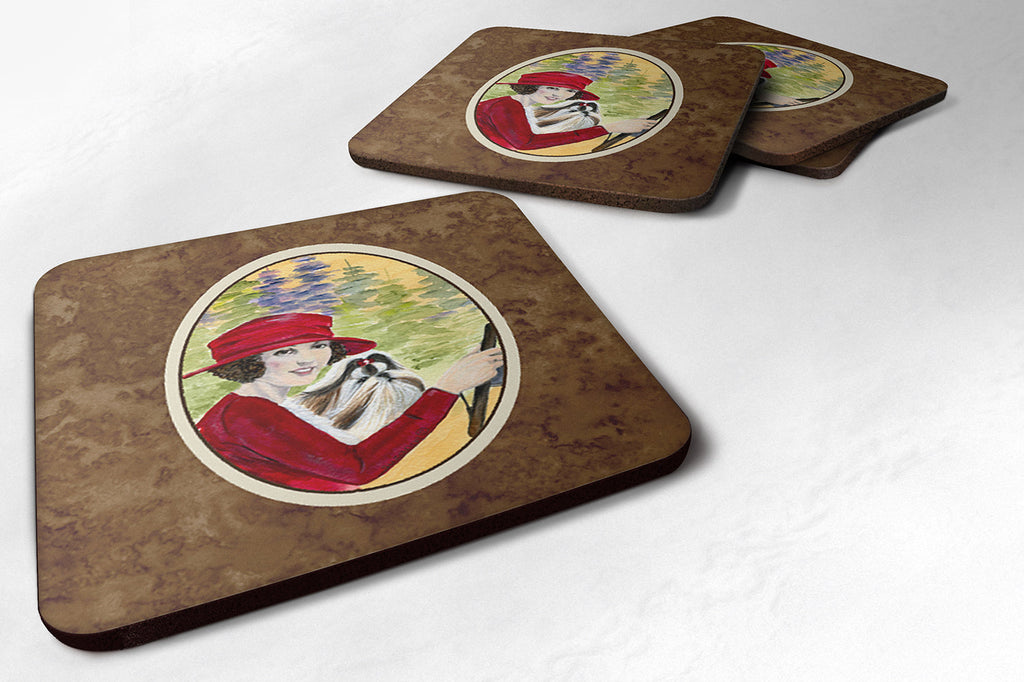 Lady driving with her Shih Tzu Foam Coasters Set of 4 Cup Coasters for Indoor Outdoor, Tabletop Protection, Anti Slip, Mouse pad Material