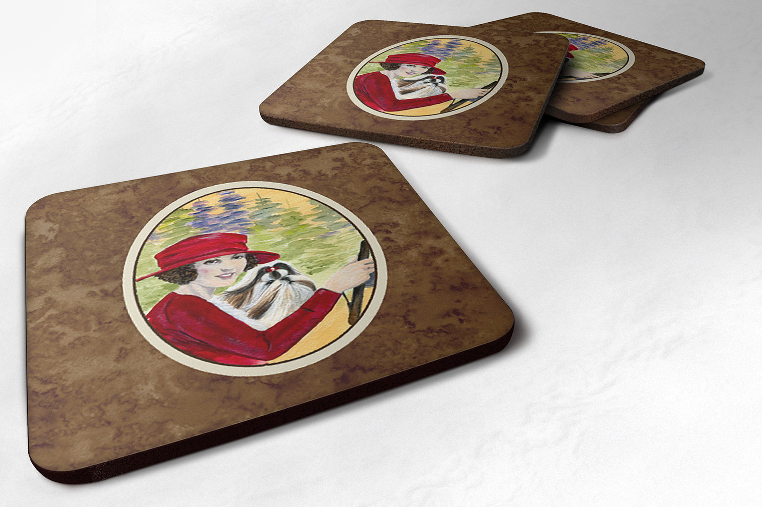 Lady driving with her Shih Tzu Foam Coasters Set of 4 Cup Coasters for Indoor Outdoor, Tabletop Protection, Anti Slip, Mouse pad Material