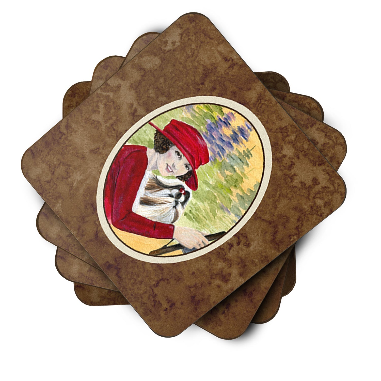 Lady driving with her Shih Tzu Foam Coasters Set of 4 Cup Coasters for Indoor Outdoor, Tabletop Protection, Anti Slip, Mouse pad Material