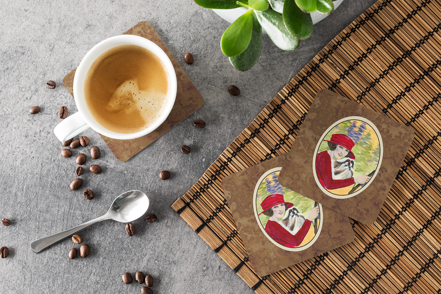 Lady driving with her Shih Tzu Foam Coasters Set of 4 Cup Coasters for Indoor Outdoor, Tabletop Protection, Anti Slip, Mouse pad Material