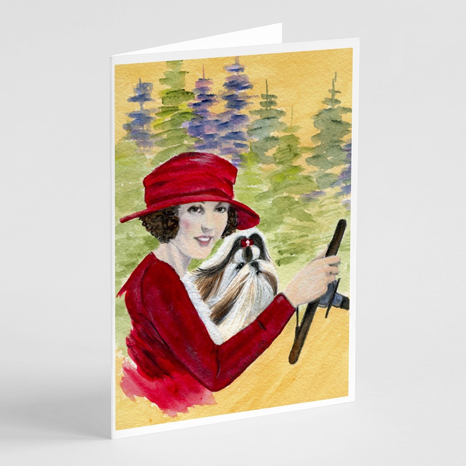 Lady driving with her Shih Tzu Greeting Cards Pack of 8 Blank Cards with Envelopes Whimsical A7 Size 5x7