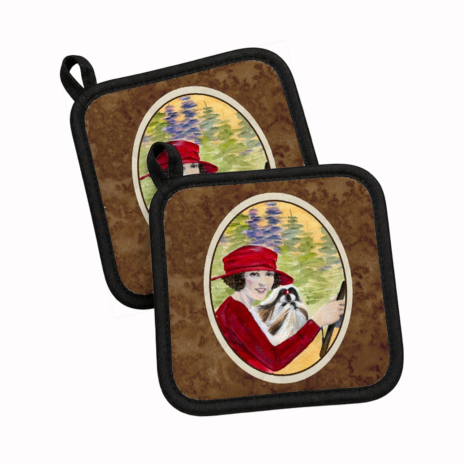 Lady driving with her Shih Tzu Pot Holder Set of 2 Heat Resistant Quilted Hot Pads 7.5 x 7.5 Inch, Insulated Kitchen Trivets for Cooking & Baking