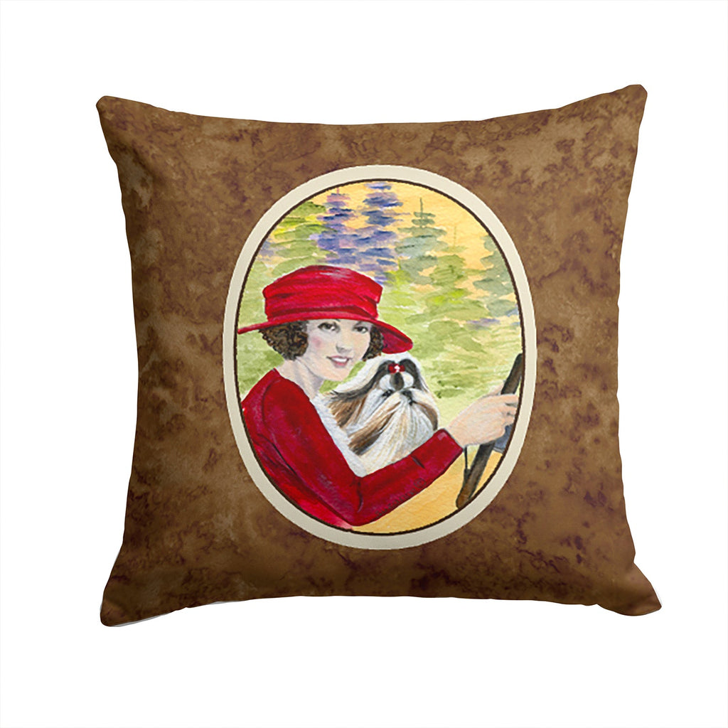 Lady driving with her Shih Tzu Decorative Throw Pillow 14x14 Indoor Outdoor Accent Cushion, Fabric Cover with Insert for Sofa, Bed, Porch & Living Room