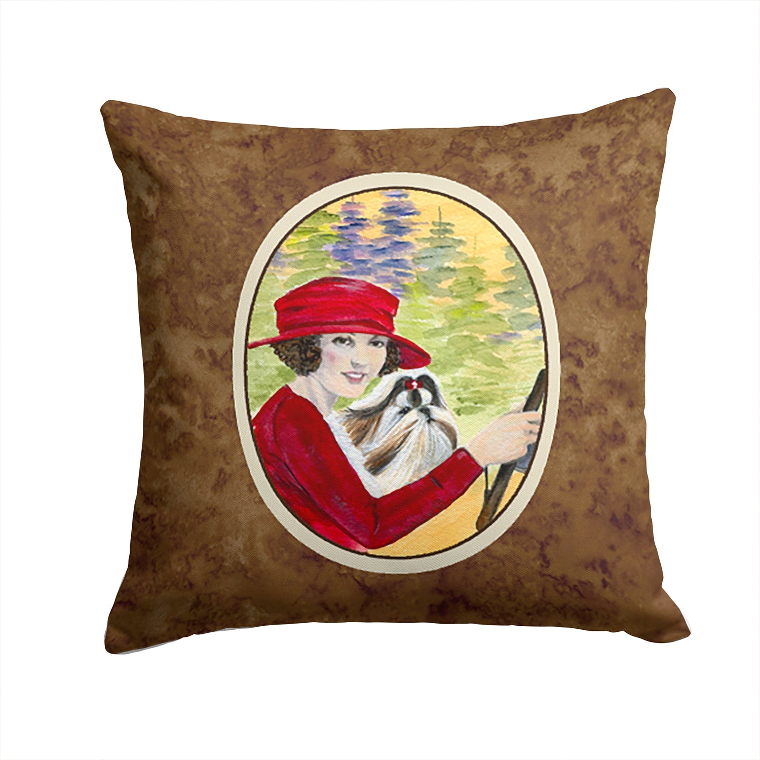 Lady driving with her Shih Tzu Decorative Throw Pillow 14x14 Indoor Outdoor Accent Cushion, Fabric Cover with Insert for Sofa, Bed, Porch & Living Room