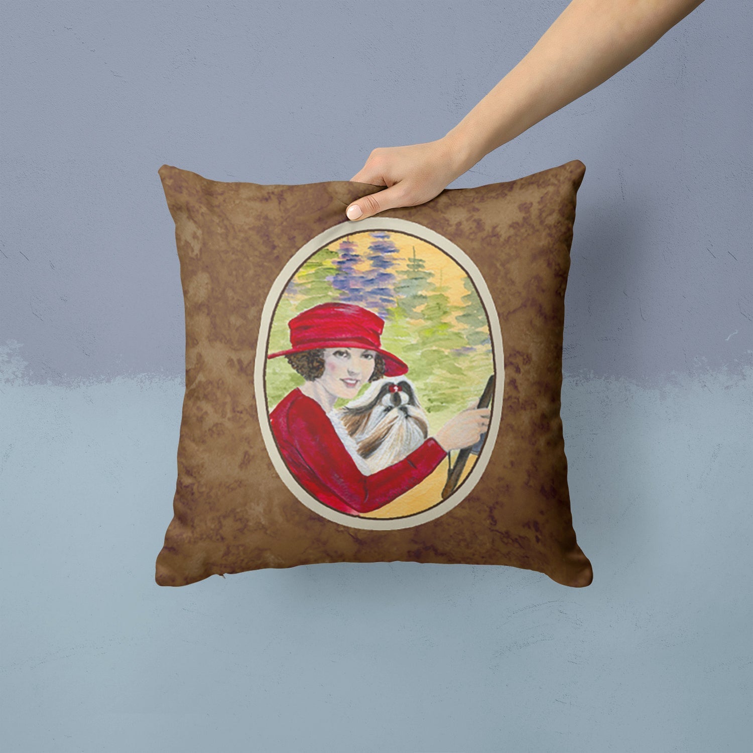 Lady driving with her Shih Tzu Decorative Throw Pillow 14x14 Indoor Outdoor Accent Cushion, Fabric Cover with Insert for Sofa, Bed, Porch & Living Room