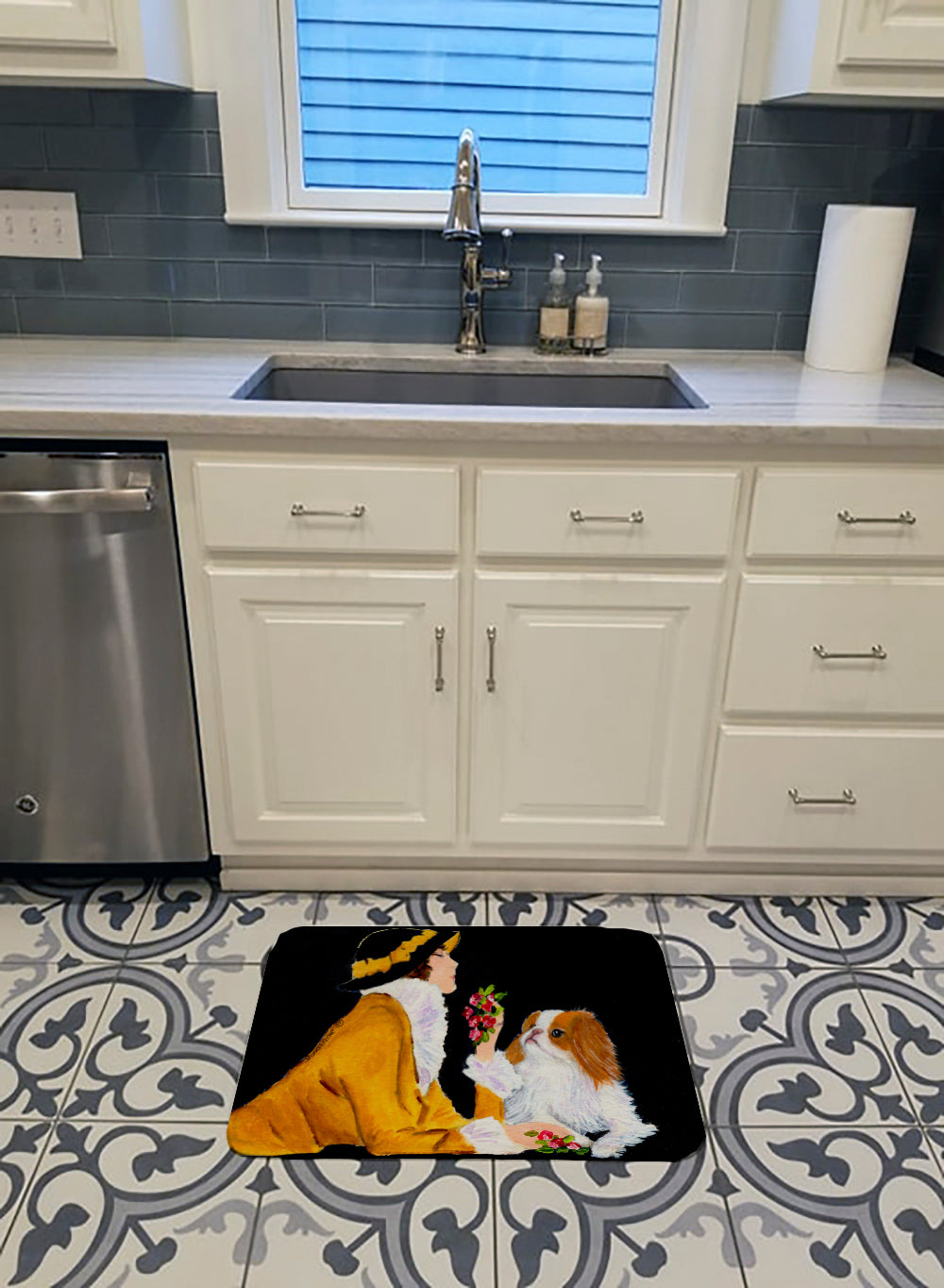 Lady with her Japanese Chin Memory Foam Kitchen Mat Machine Washable Anti-Fatigue Cushion Comfort Bath or Kitchen Rug