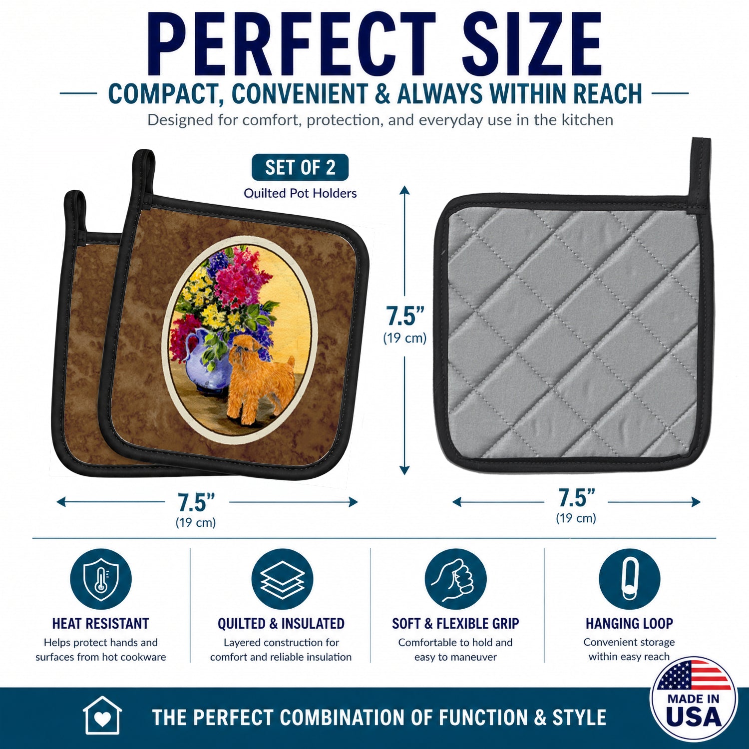 Brussels Griffon Pot Holder Set of 2 Heat Resistant Quilted Hot Pads 7.5 x 7.5 Inch, Insulated Kitchen Trivets for Cooking & Baking
