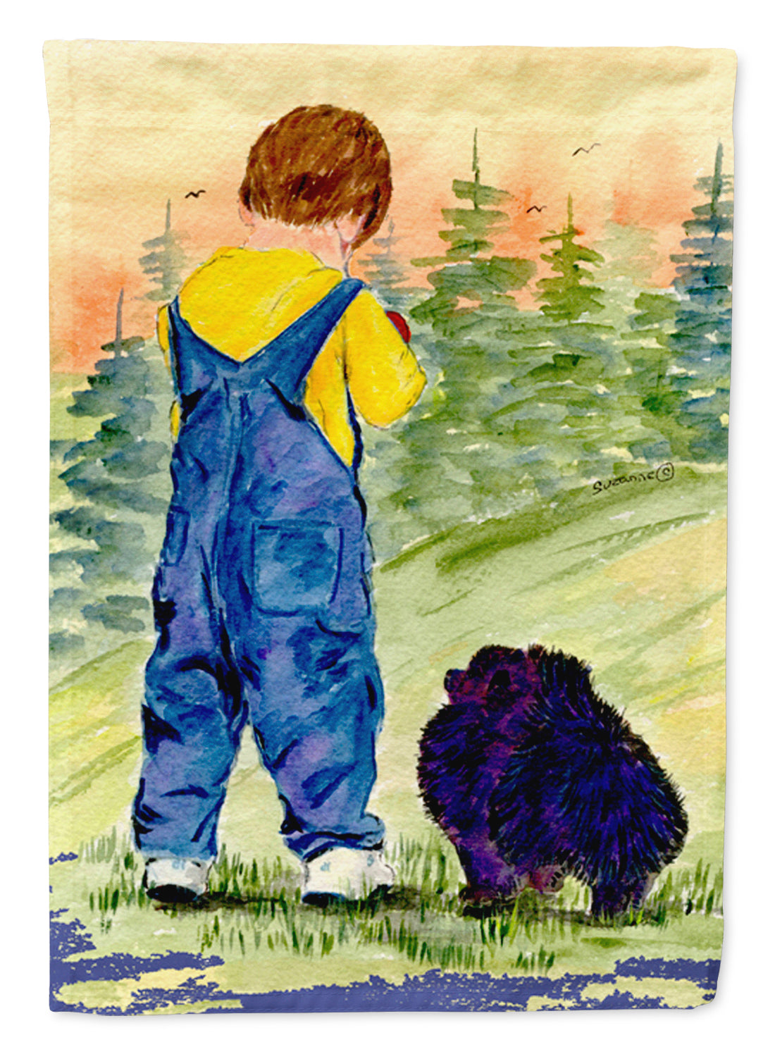 Little Boy with his  Pomeranian House Flag 28x40 Porch Sleeve Pole Decorative Outside Yard Banner Artwork Wall Hanging, Polyester