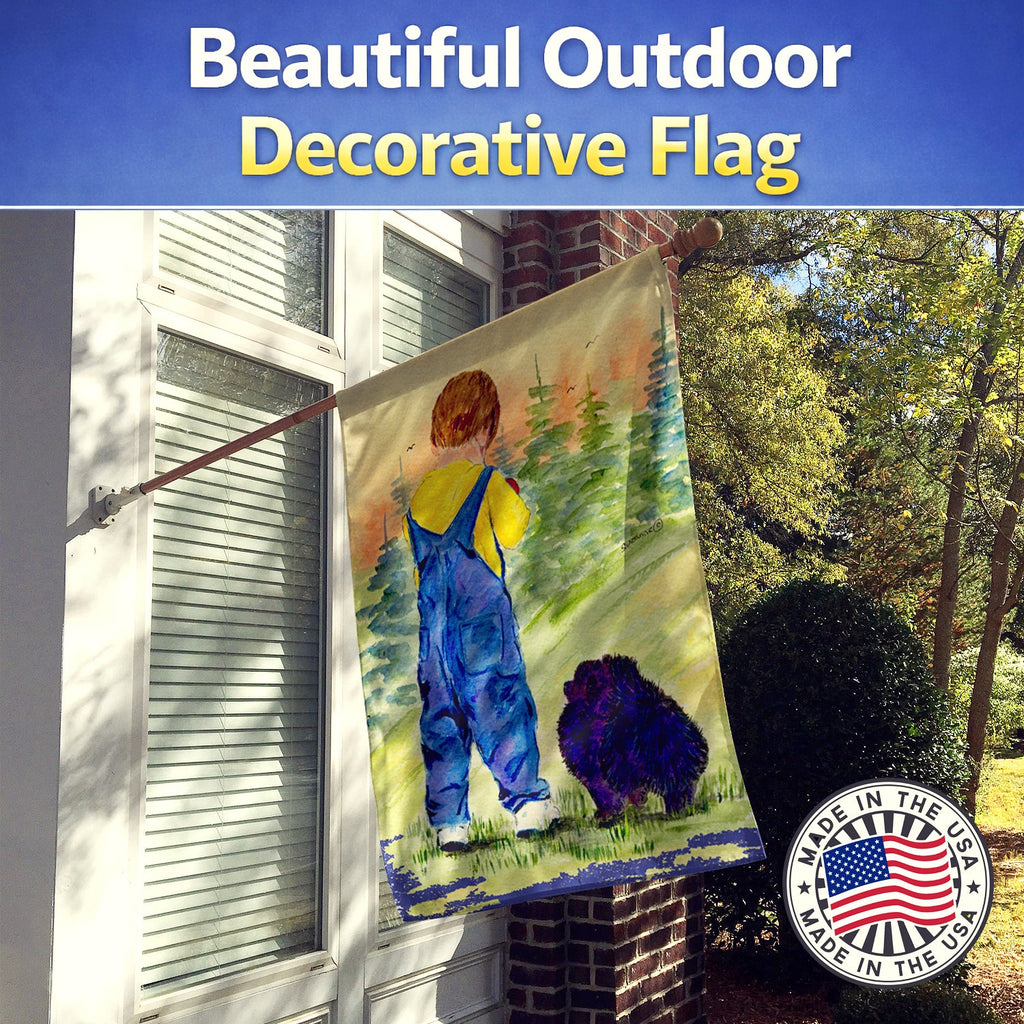 Little Boy with his  Pomeranian House Flag 28x40 Porch Sleeve Pole Decorative Outside Yard Banner Artwork Wall Hanging, Polyester