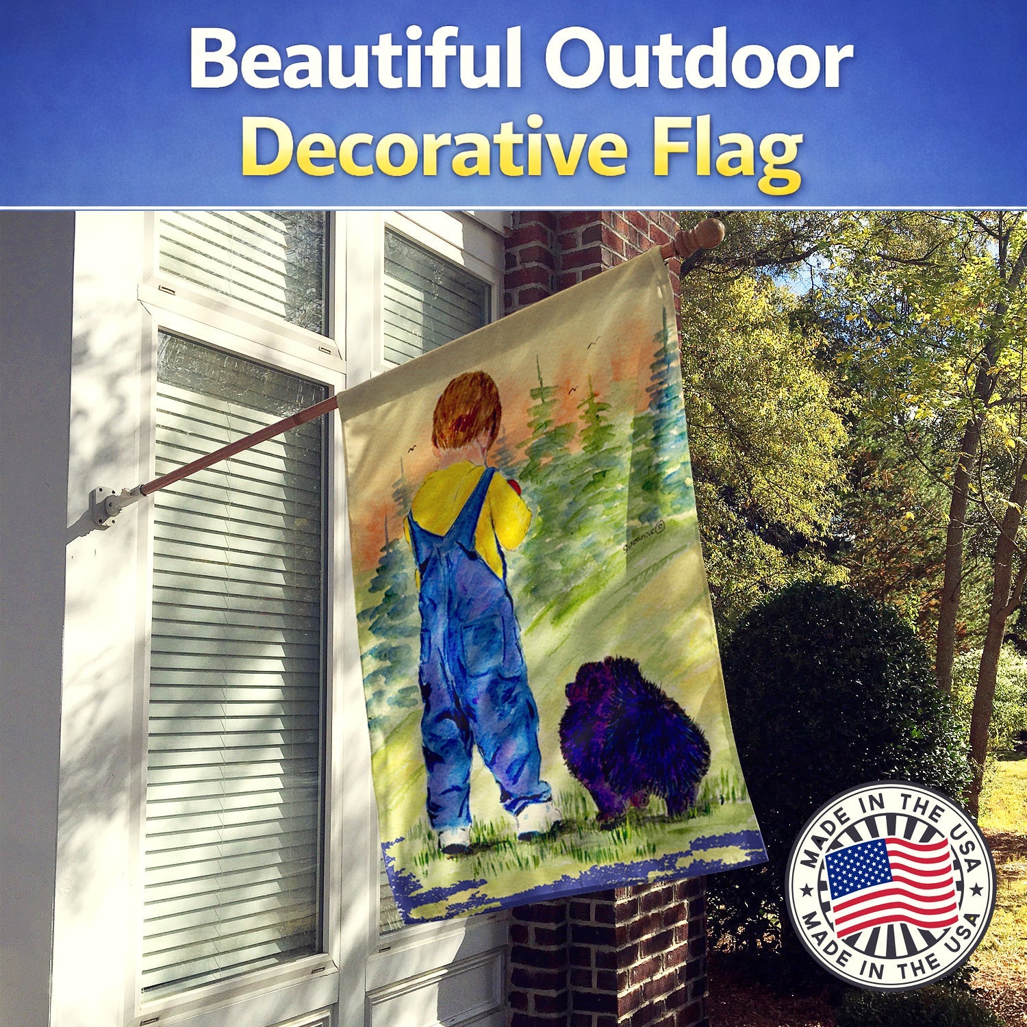 Little Boy with his  Pomeranian House Flag 28x40 Porch Sleeve Pole Decorative Outside Yard Banner Artwork Wall Hanging, Polyester