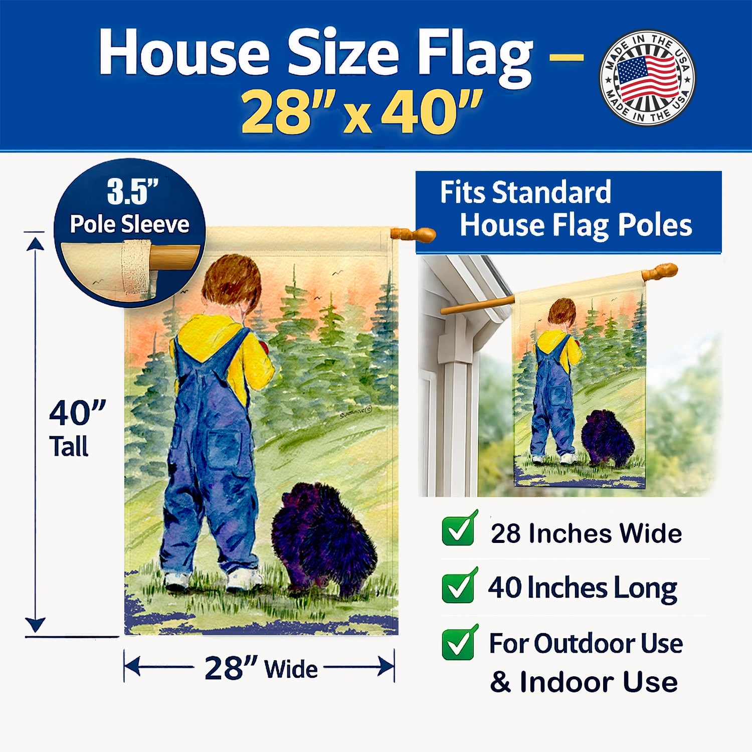 Little Boy with his  Pomeranian House Flag 28x40 Porch Sleeve Pole Decorative Outside Yard Banner Artwork Wall Hanging, Polyester