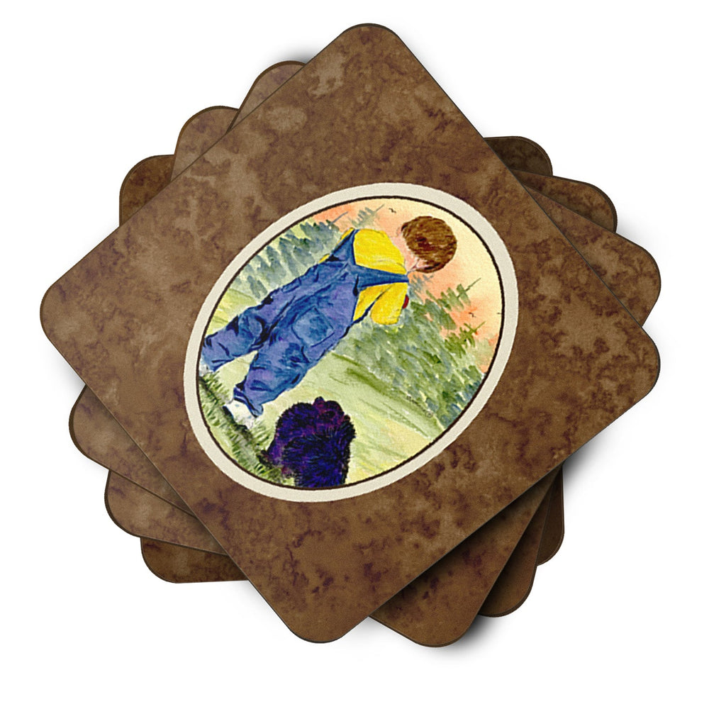 Little Boy with his  Pomeranian Foam Coasters Set of 4 Cup Coasters for Indoor Outdoor, Tabletop Protection, Anti Slip, Mouse pad Material