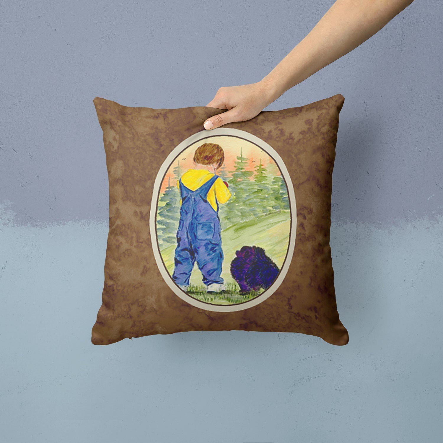 Little Boy with his  Pomeranian Decorative Throw Pillow 14x14 Indoor Outdoor Accent Cushion, Fabric Cover with Insert for Sofa, Bed, Porch & Living Room