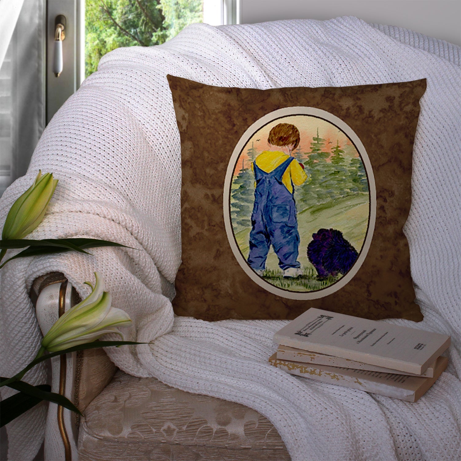 Little Boy with his  Pomeranian Decorative Throw Pillow 14x14 Indoor Outdoor Accent Cushion, Fabric Cover with Insert for Sofa, Bed, Porch & Living Room