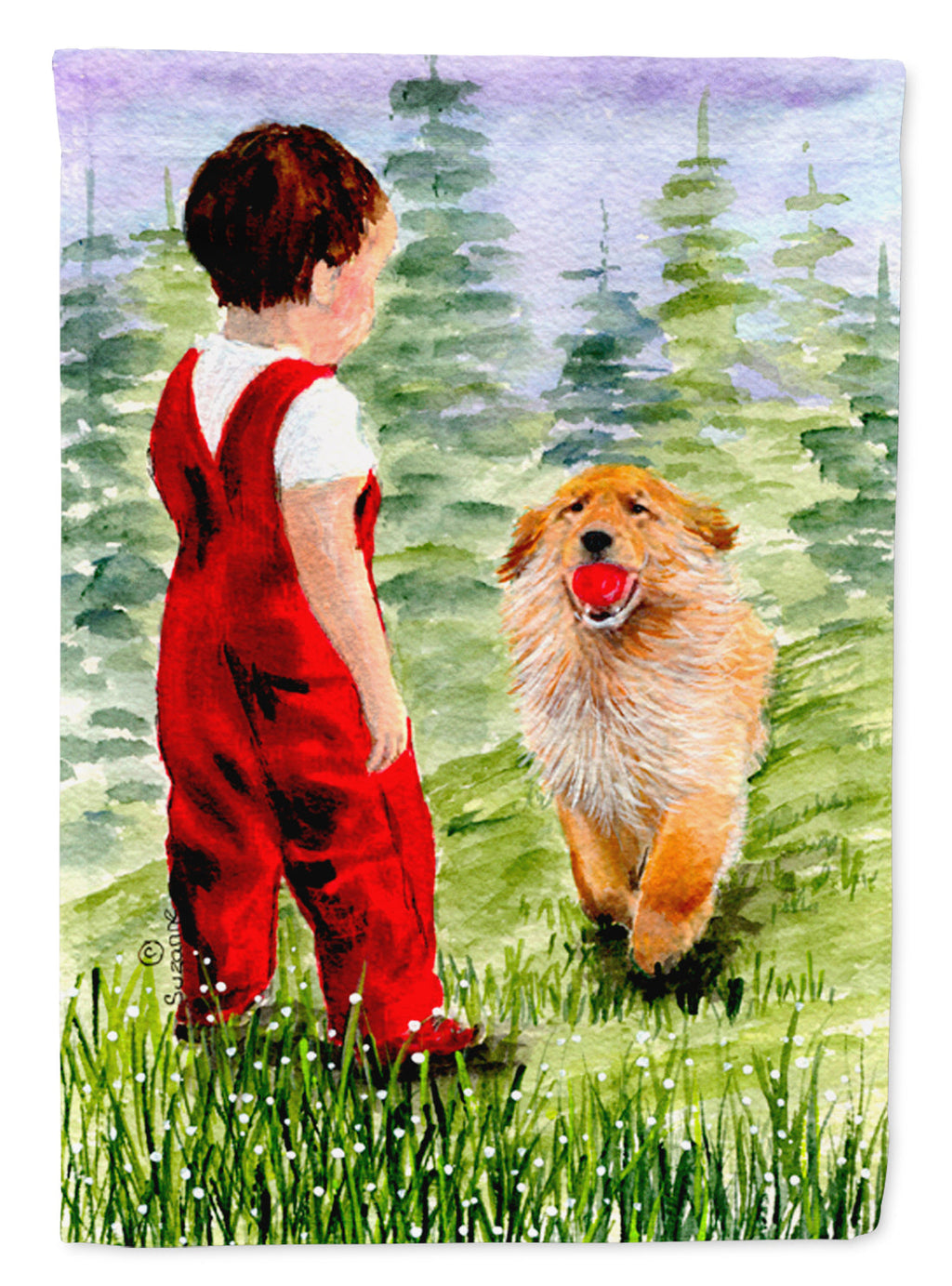 Little Boy with his  Golden Retriever House Flag 28x40 Porch Sleeve Pole Decorative Outside Yard Banner Artwork Wall Hanging, Polyester