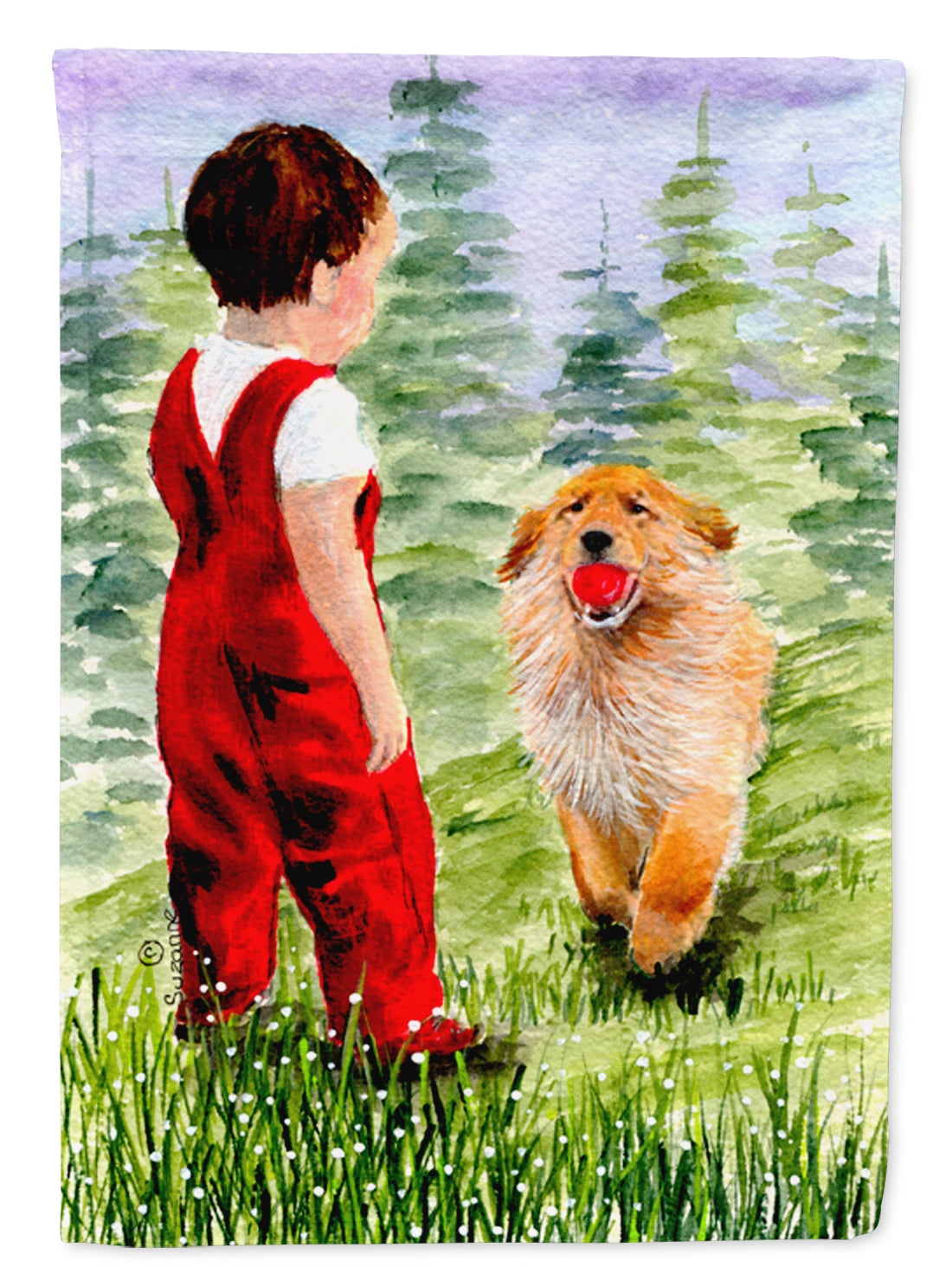 Little Boy with his  Golden Retriever House Flag 28x40 Porch Sleeve Pole Decorative Outside Yard Banner Artwork Wall Hanging, Polyester