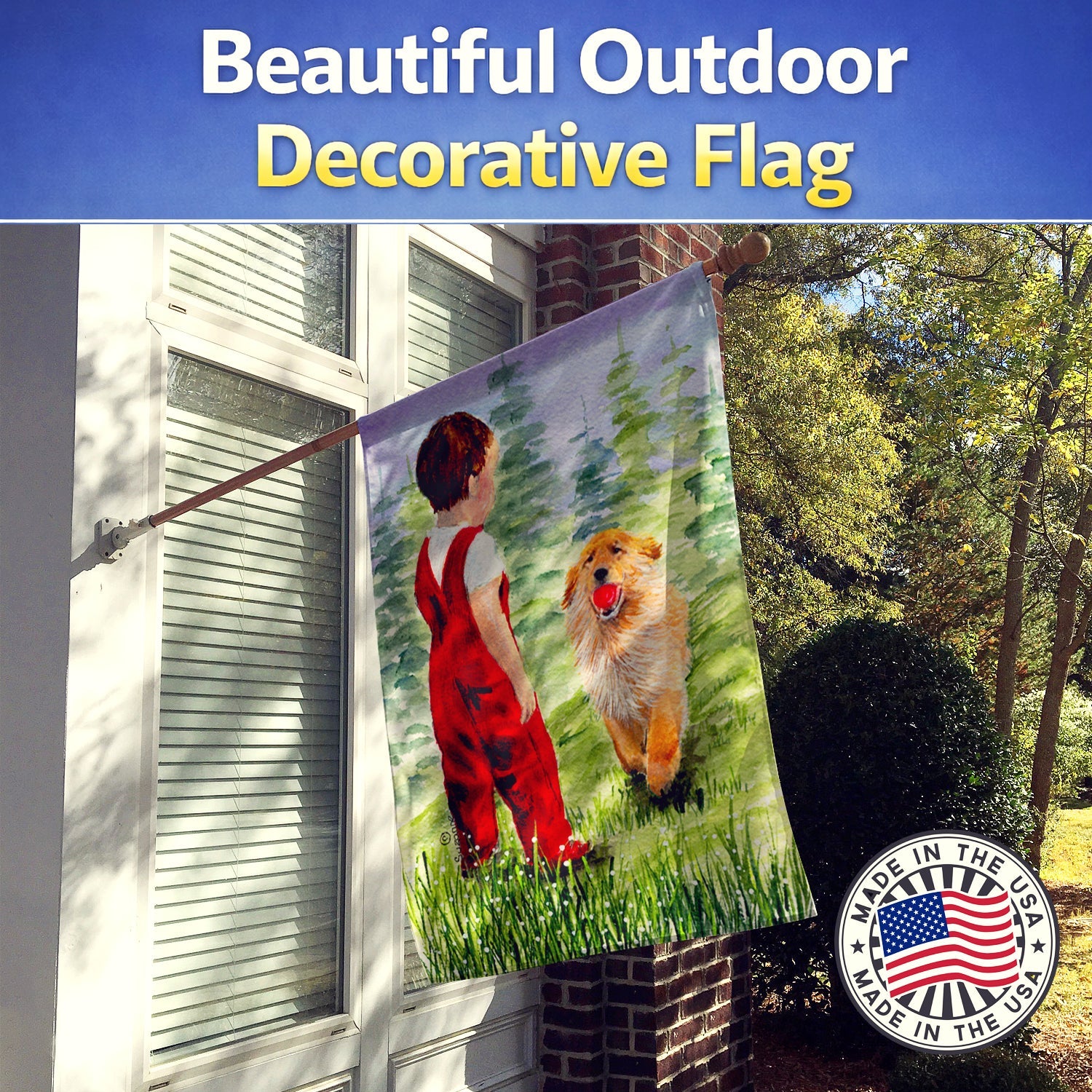 Little Boy with his  Golden Retriever House Flag 28x40 Porch Sleeve Pole Decorative Outside Yard Banner Artwork Wall Hanging, Polyester