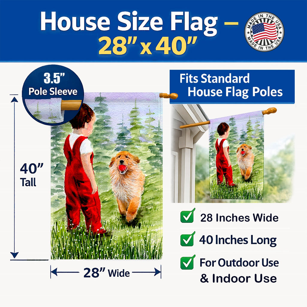 Little Boy with his  Golden Retriever House Flag 28x40 Porch Sleeve Pole Decorative Outside Yard Banner Artwork Wall Hanging, Polyester