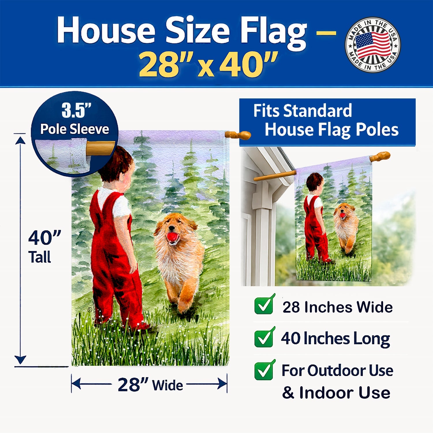 Little Boy with his  Golden Retriever House Flag 28x40 Porch Sleeve Pole Decorative Outside Yard Banner Artwork Wall Hanging, Polyester