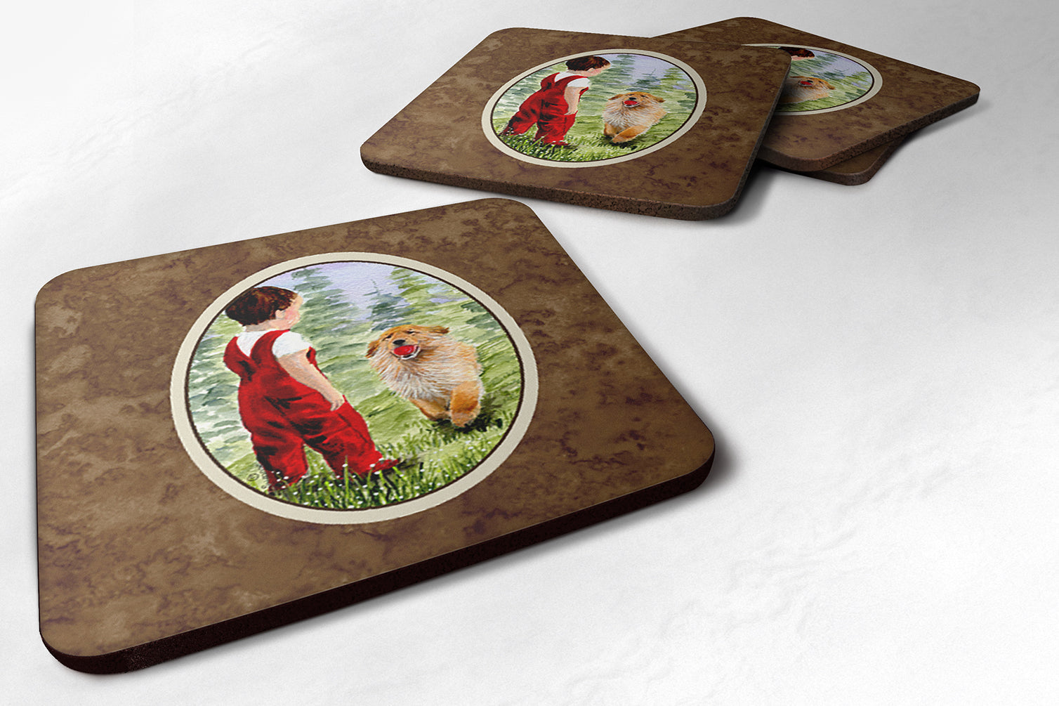 Little Boy with his  Golden Retriever Foam Coasters Set of 4 Cup Coasters for Indoor Outdoor, Tabletop Protection, Anti Slip, Mouse pad Material