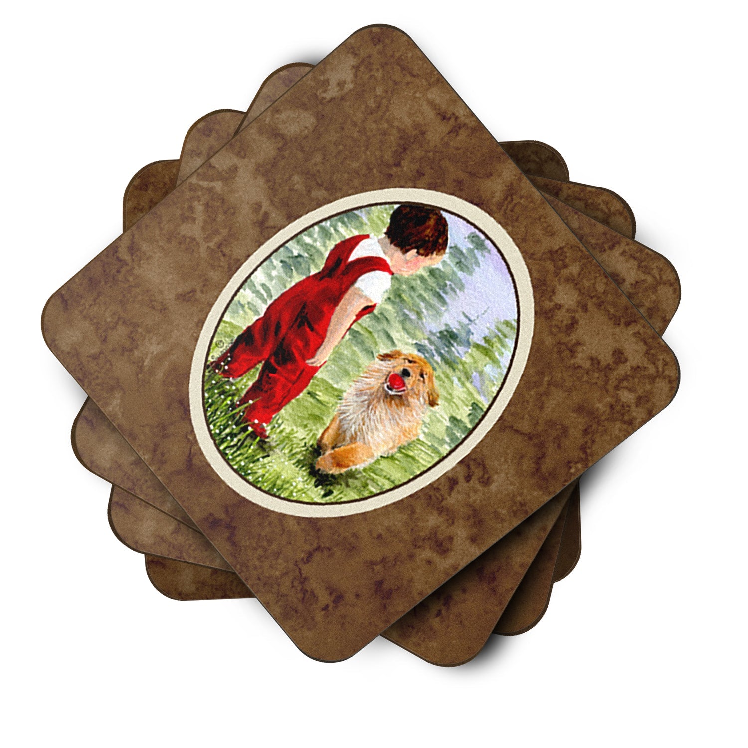 Little Boy with his  Golden Retriever Foam Coasters Set of 4 Cup Coasters for Indoor Outdoor, Tabletop Protection, Anti Slip, Mouse pad Material