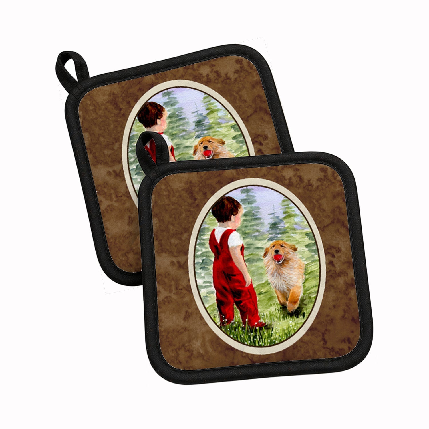 Little Boy with his  Golden Retriever Pot Holder Set of 2 Heat Resistant Quilted Hot Pads 7.5 x 7.5 Inch, Insulated Kitchen Trivets for Cooking & Baking