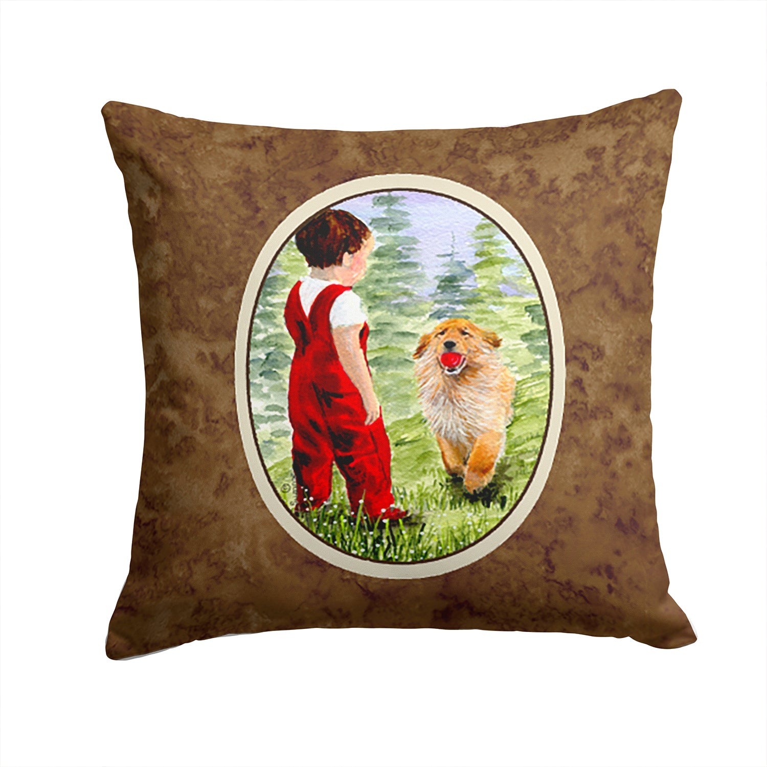 Little Boy with his  Golden Retriever Decorative Throw Pillow 14x14 Indoor Outdoor Accent Cushion, Fabric Cover with Insert for Sofa, Bed, Porch & Living Room