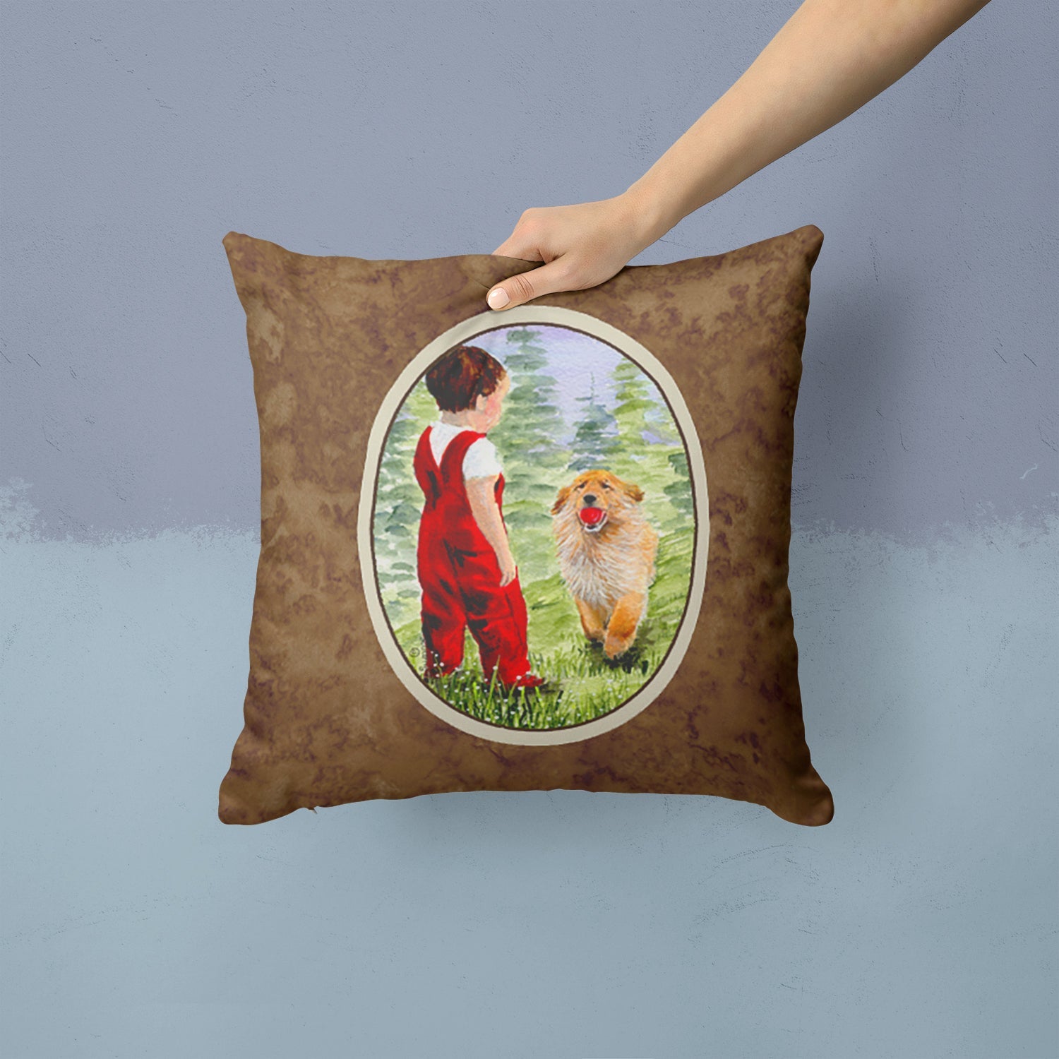 Little Boy with his  Golden Retriever Decorative Throw Pillow 14x14 Indoor Outdoor Accent Cushion, Fabric Cover with Insert for Sofa, Bed, Porch & Living Room