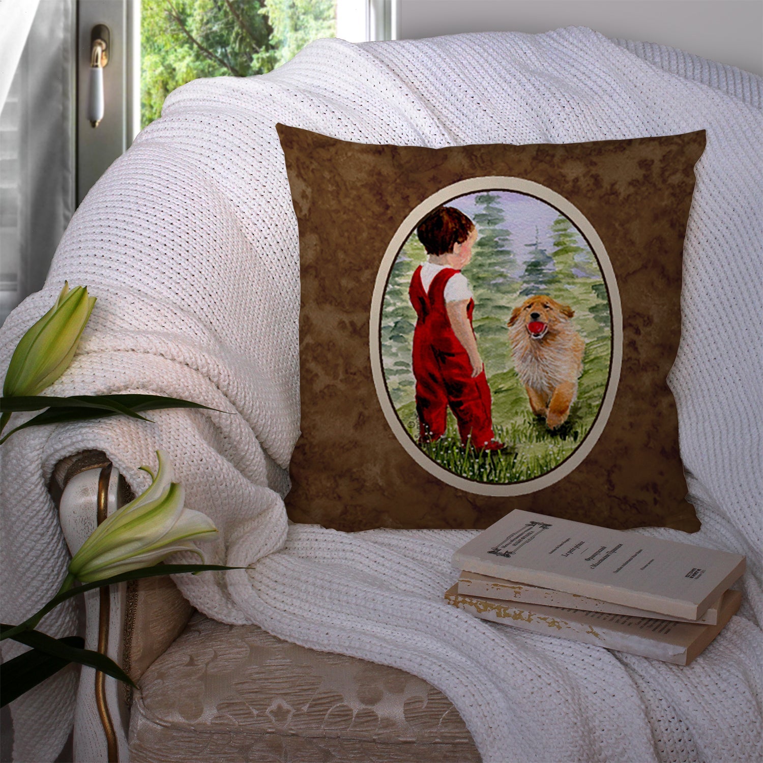 Little Boy with his  Golden Retriever Decorative Throw Pillow 14x14 Indoor Outdoor Accent Cushion, Fabric Cover with Insert for Sofa, Bed, Porch & Living Room