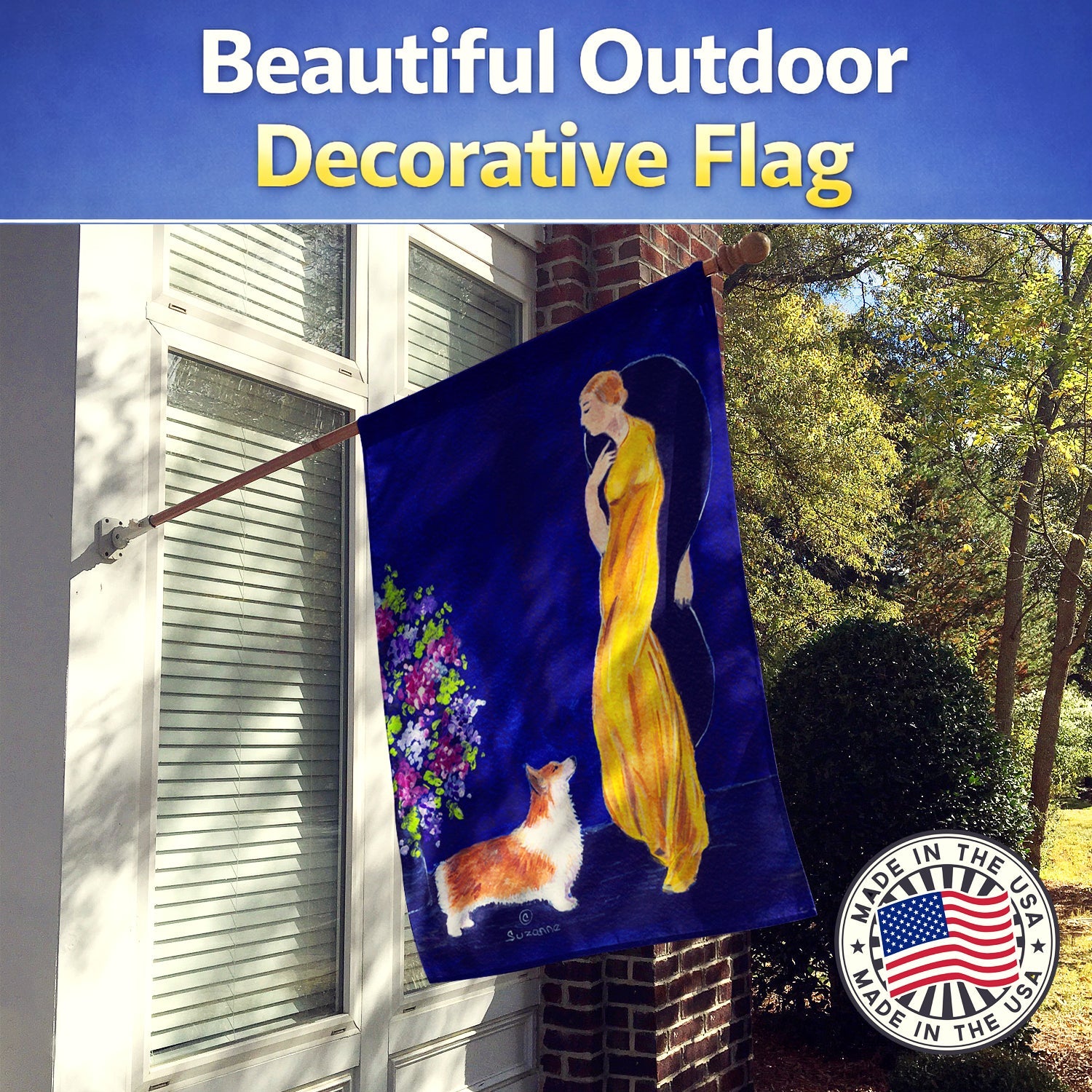 Lady with her Corgi House Flag 28x40 Porch Sleeve Pole Decorative Outside Yard Banner Artwork Wall Hanging, Polyester