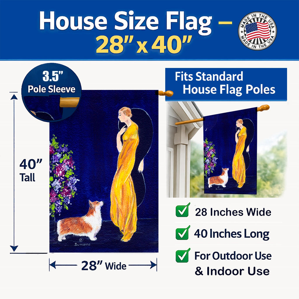 Lady with her Corgi House Flag 28x40 Porch Sleeve Pole Decorative Outside Yard Banner Artwork Wall Hanging, Polyester