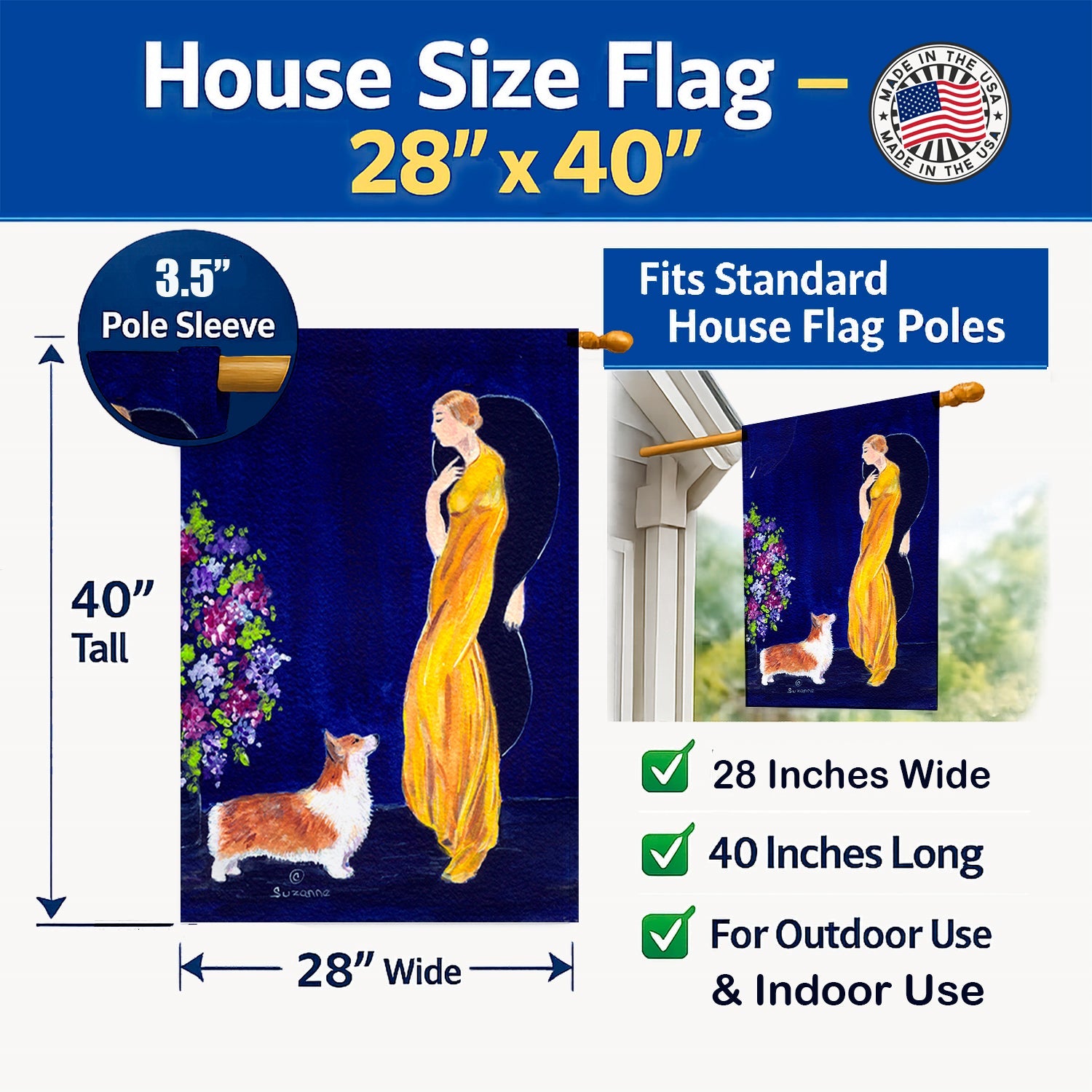 Lady with her Corgi House Flag 28x40 Porch Sleeve Pole Decorative Outside Yard Banner Artwork Wall Hanging, Polyester