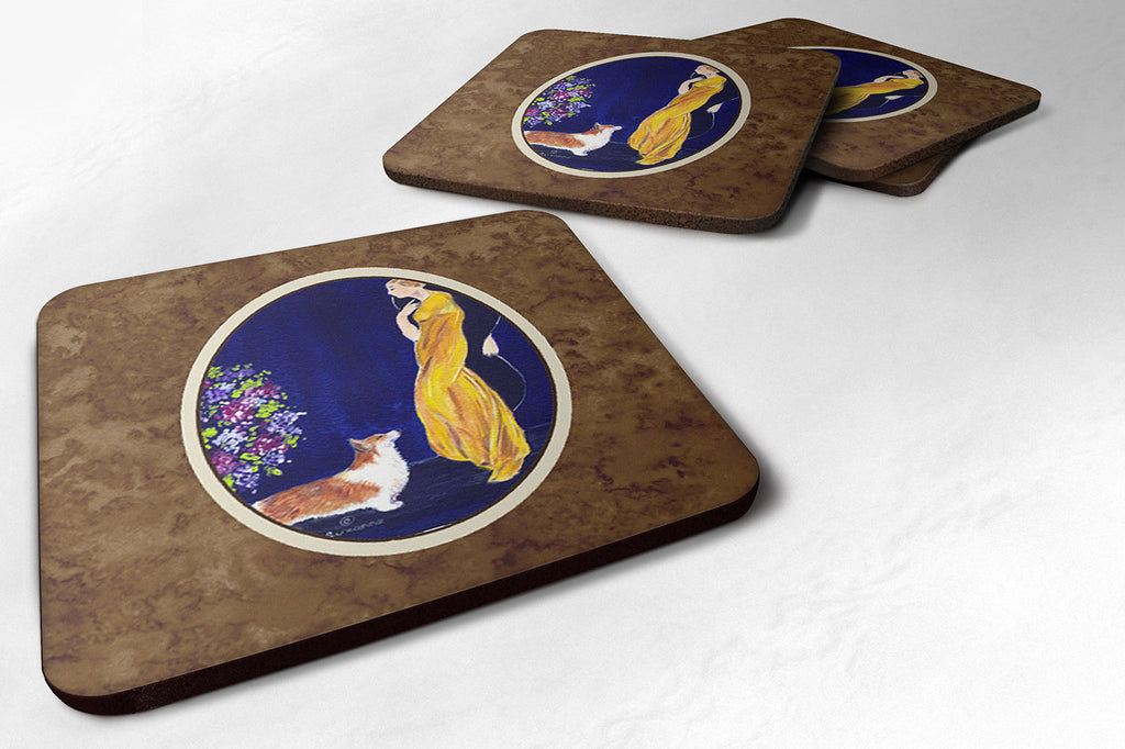 Lady with her Corgi Foam Coasters Set of 4 Cup Coasters for Indoor Outdoor, Tabletop Protection, Anti Slip, Mouse pad Material