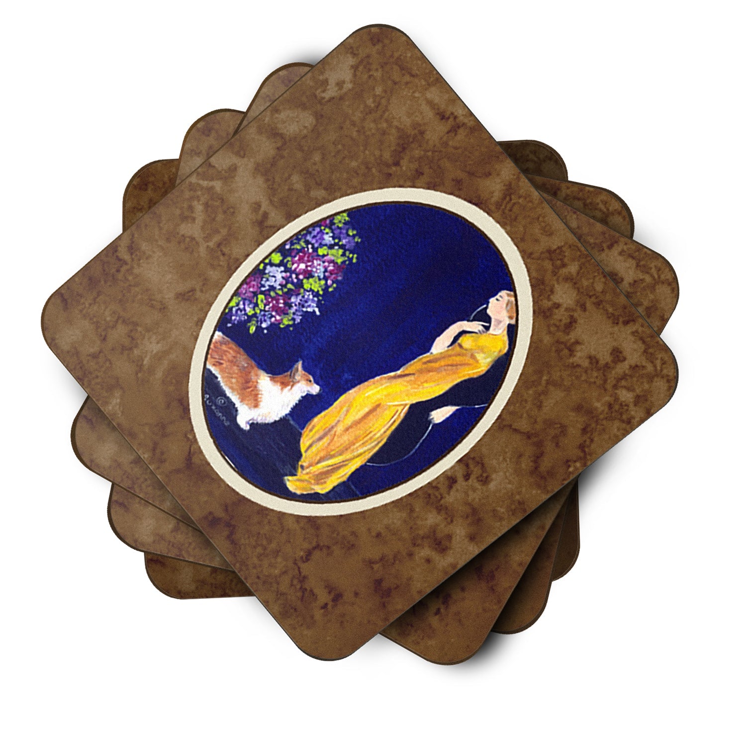 Lady with her Corgi Foam Coasters Set of 4 Cup Coasters for Indoor Outdoor, Tabletop Protection, Anti Slip, Mouse pad Material