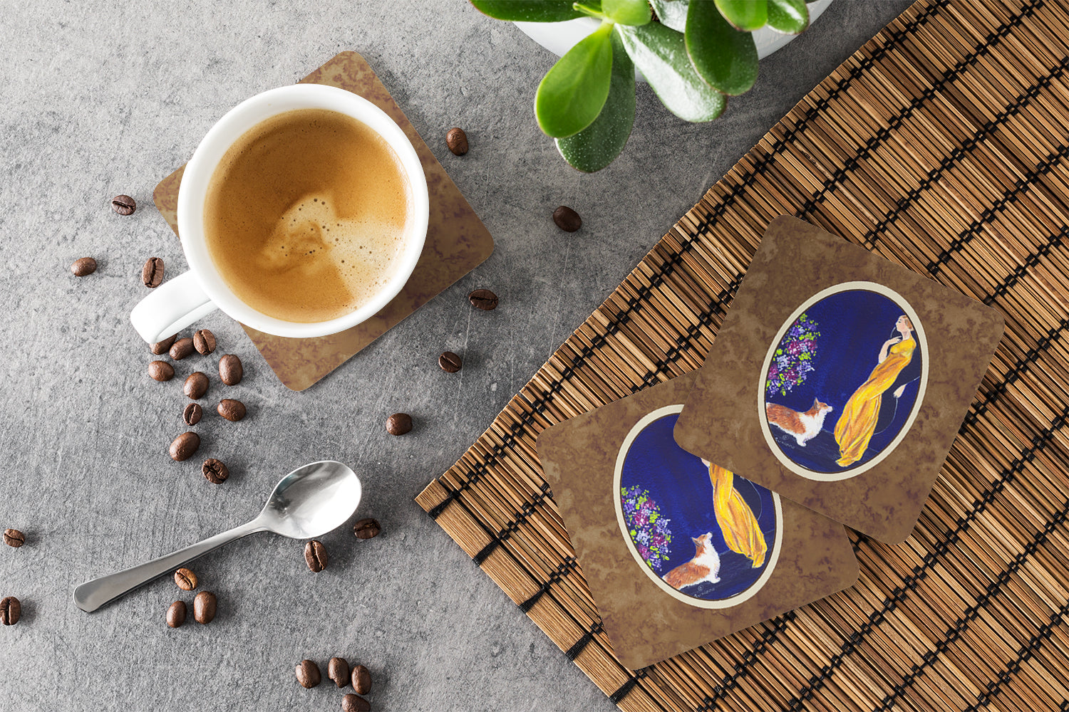 Lady with her Corgi Foam Coasters Set of 4 Cup Coasters for Indoor Outdoor, Tabletop Protection, Anti Slip, Mouse pad Material