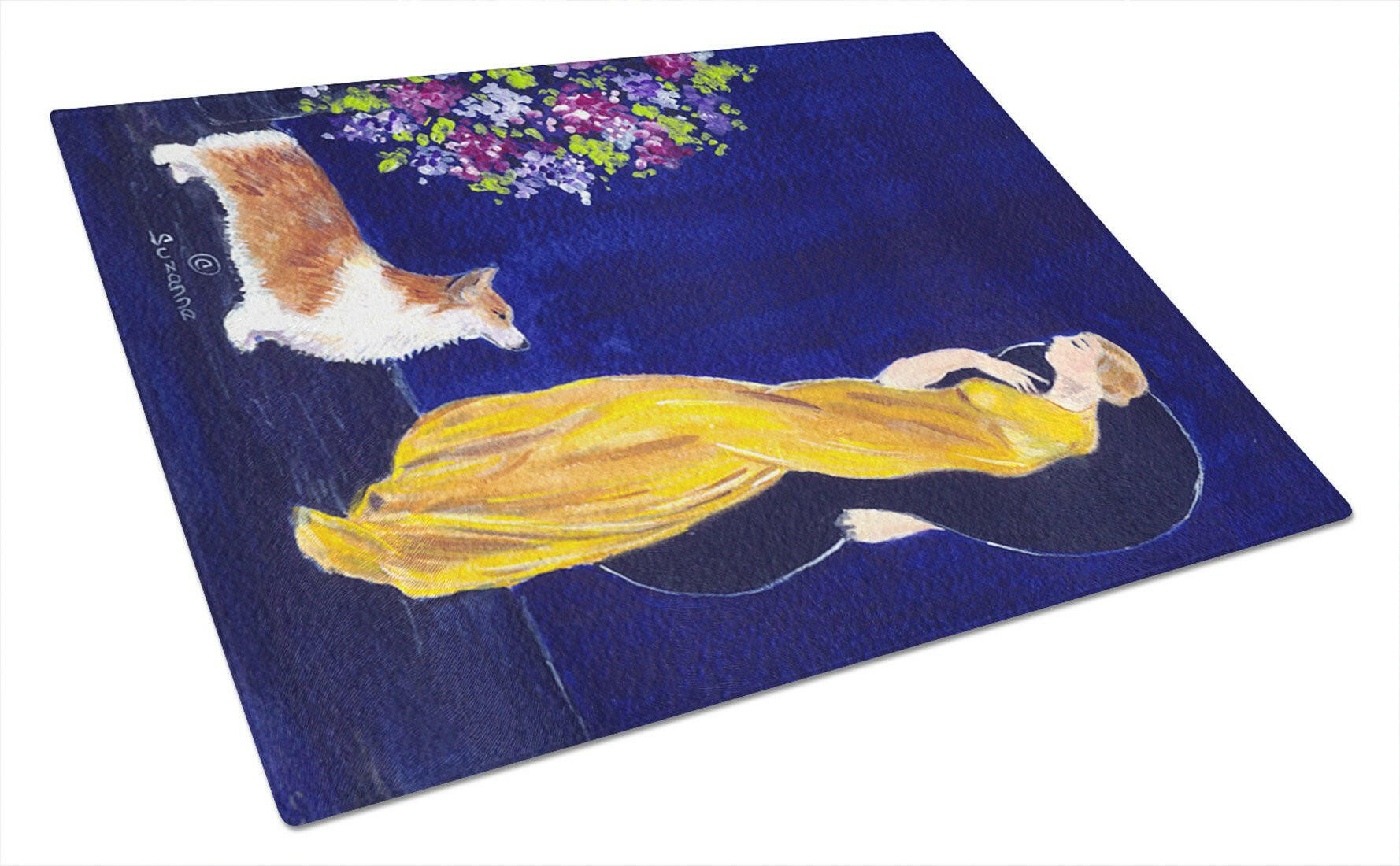 Lady with her Corgi Cutting Board Tempered Glass Kitchen Cutting Surface, Heat Resistant Chopping, Non-Slip Feet, Food Prep & Serving
