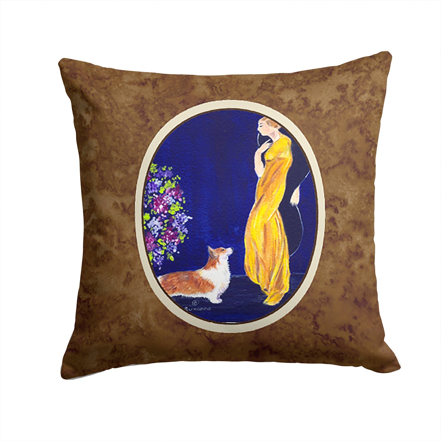Lady with her Corgi Decorative Throw Pillow 14x14 Indoor Outdoor Accent Cushion, Fabric Cover with Insert for Sofa, Bed, Porch & Living Room