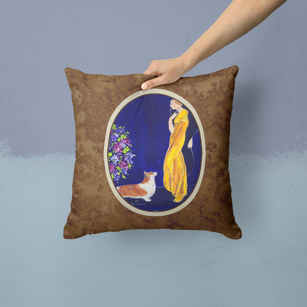 Lady with her Corgi Decorative Throw Pillow 14x14 Indoor Outdoor Accent Cushion, Fabric Cover with Insert for Sofa, Bed, Porch & Living Room