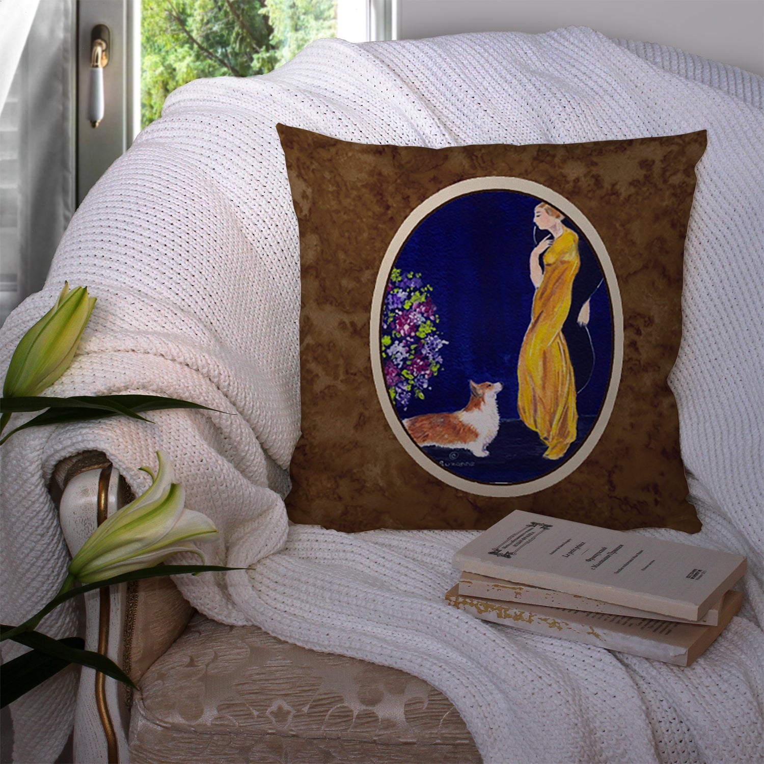 Lady with her Corgi Decorative Throw Pillow 14x14 Indoor Outdoor Accent Cushion, Fabric Cover with Insert for Sofa, Bed, Porch & Living Room