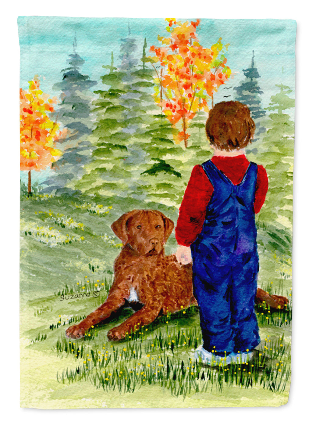 Little boy with his Chesapeake Bay Retriever House Flag 28x40 Porch Sleeve Pole Decorative Outside Yard Banner Artwork Wall Hanging, Polyester