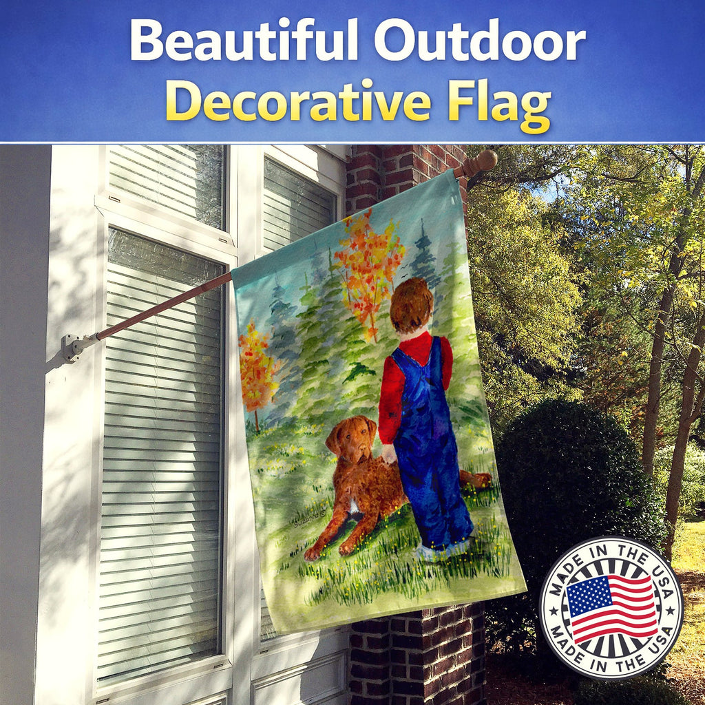 Little boy with his Chesapeake Bay Retriever House Flag 28x40 Porch Sleeve Pole Decorative Outside Yard Banner Artwork Wall Hanging, Polyester