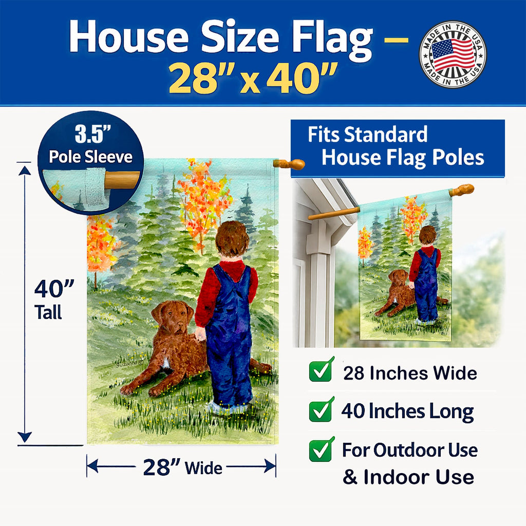 Little boy with his Chesapeake Bay Retriever House Flag 28x40 Porch Sleeve Pole Decorative Outside Yard Banner Artwork Wall Hanging, Polyester
