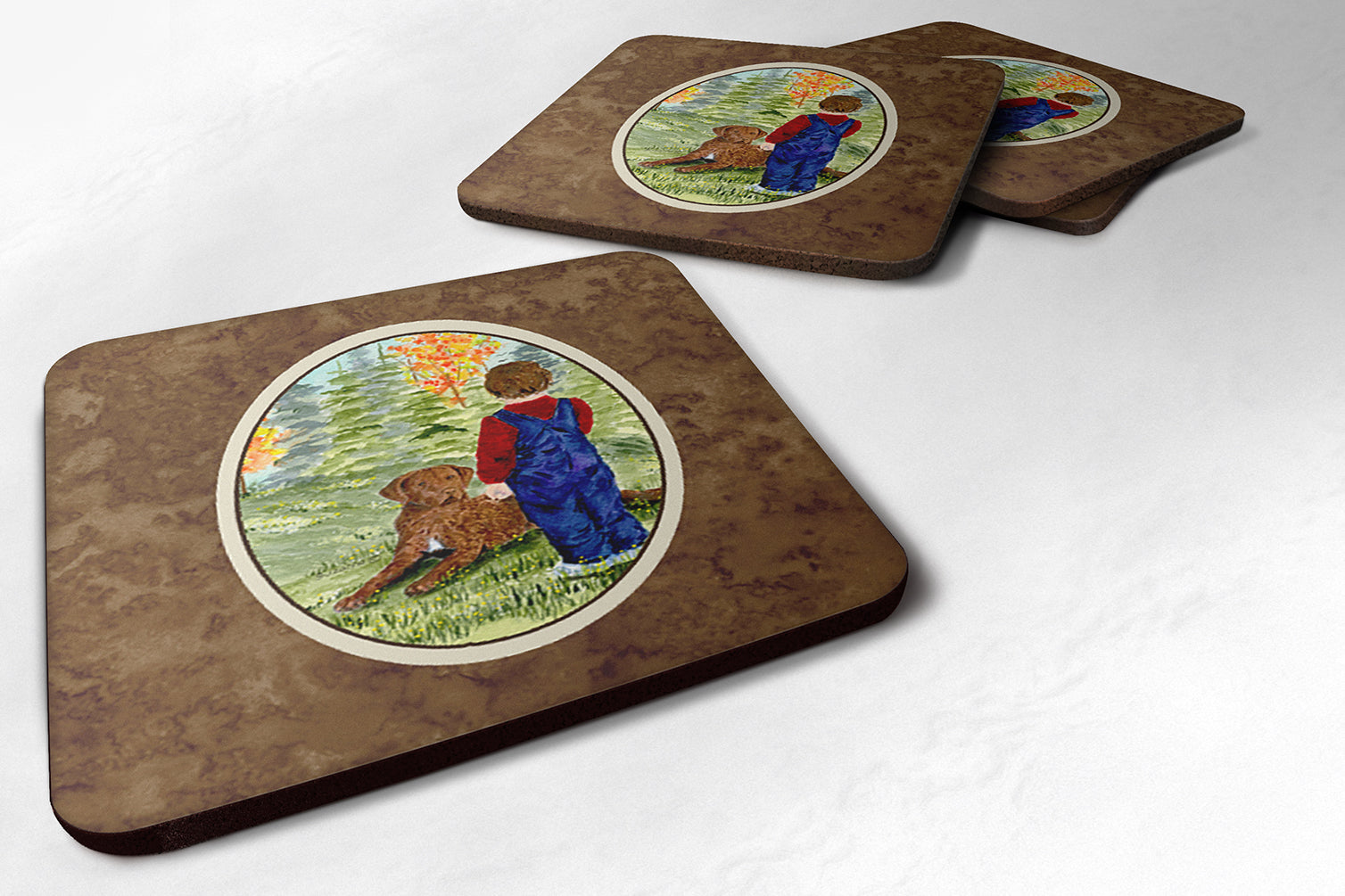 Little boy with his Chesapeake Bay Retriever Foam Coasters Set of 4 Cup Coasters for Indoor Outdoor, Tabletop Protection, Anti Slip, Mouse pad Material