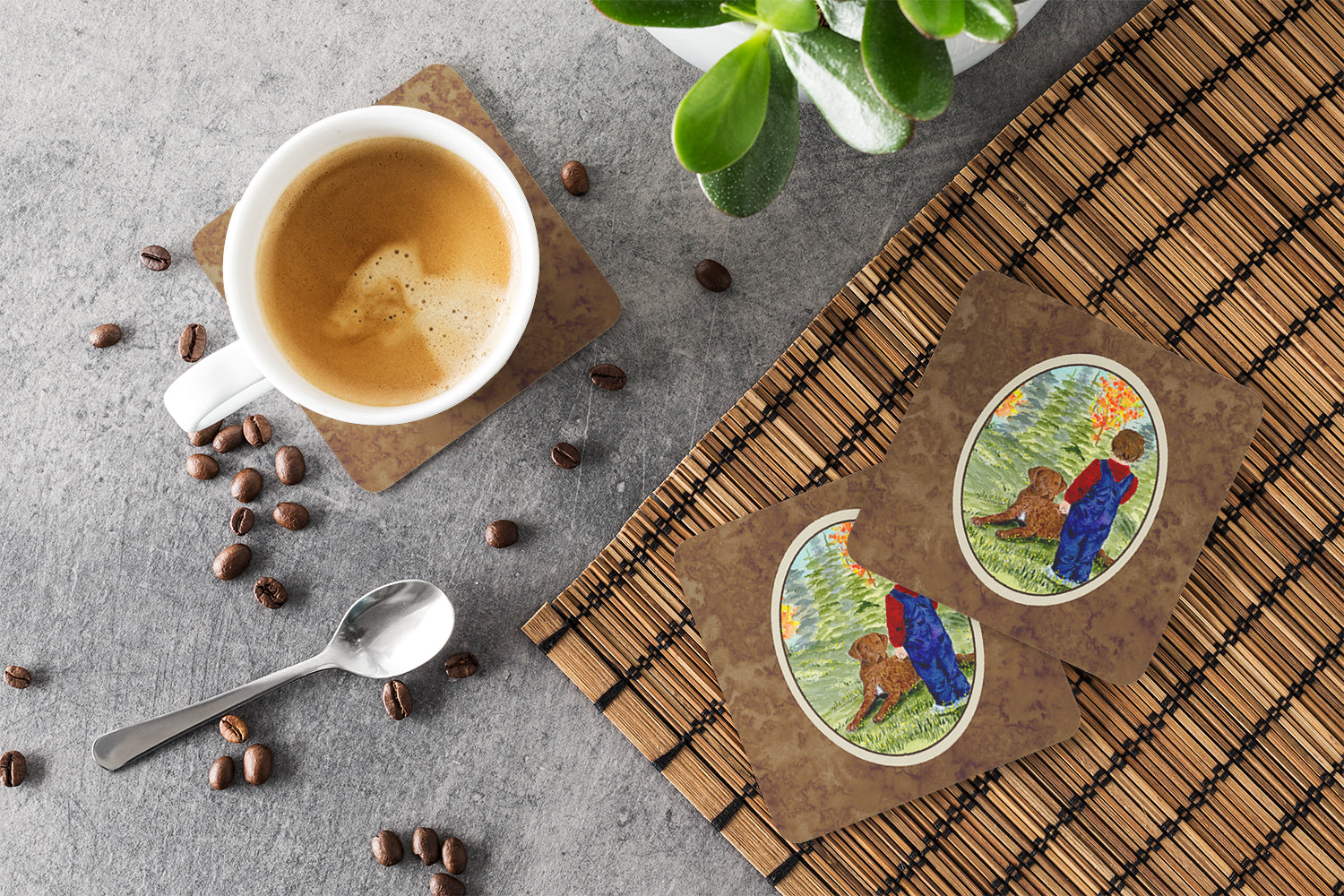 Little boy with his Chesapeake Bay Retriever Foam Coasters Set of 4 Cup Coasters for Indoor Outdoor, Tabletop Protection, Anti Slip, Mouse pad Material