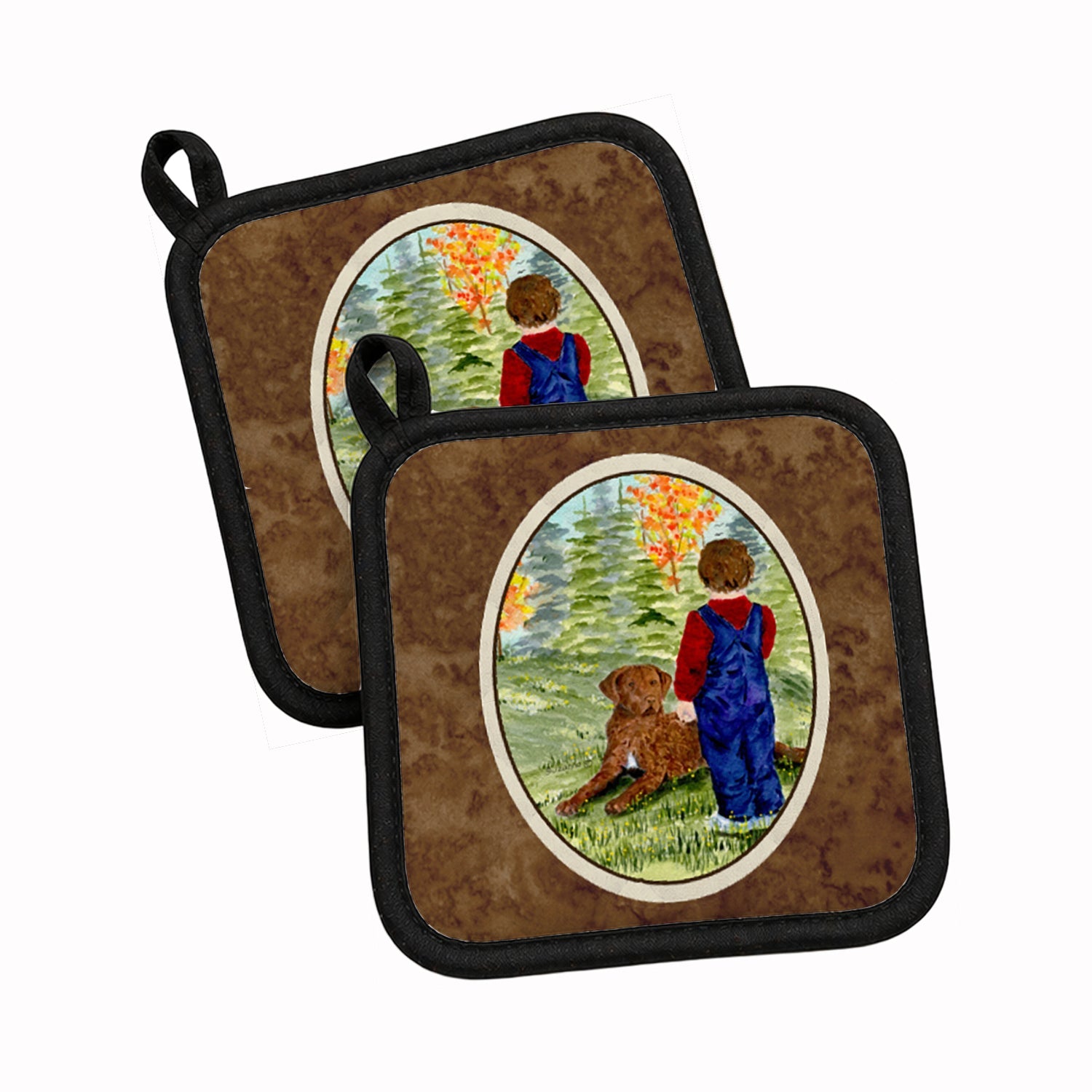Little boy with his Chesapeake Bay Retriever Pot Holder Set of 2 Heat Resistant Quilted Hot Pads 7.5 x 7.5 Inch, Insulated Kitchen Trivets for Cooking & Baking